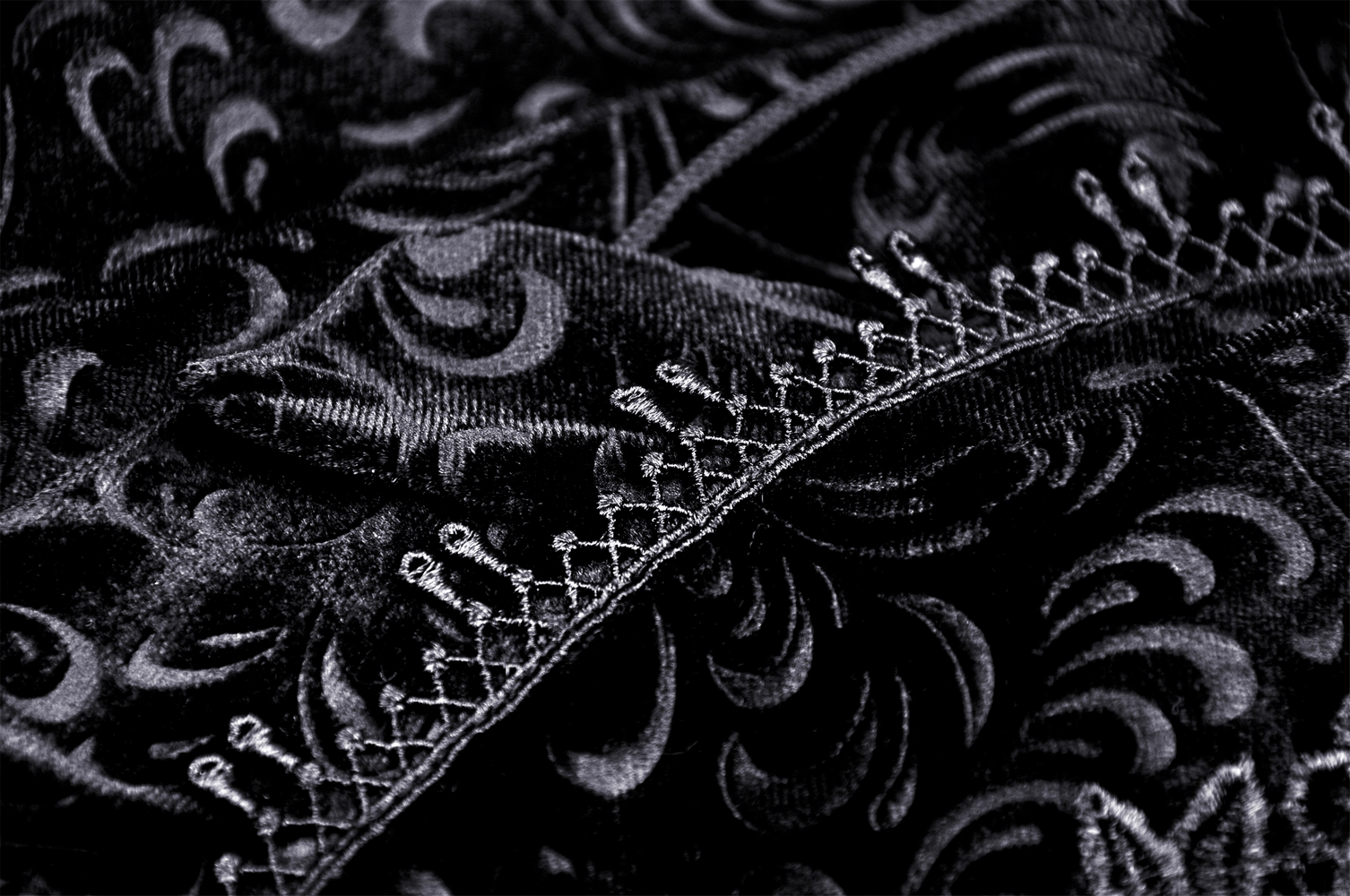 Close-up of luxurious black velvet fabric with intricate baroque patterns and lace trim, perfect for a Victorian skirt.