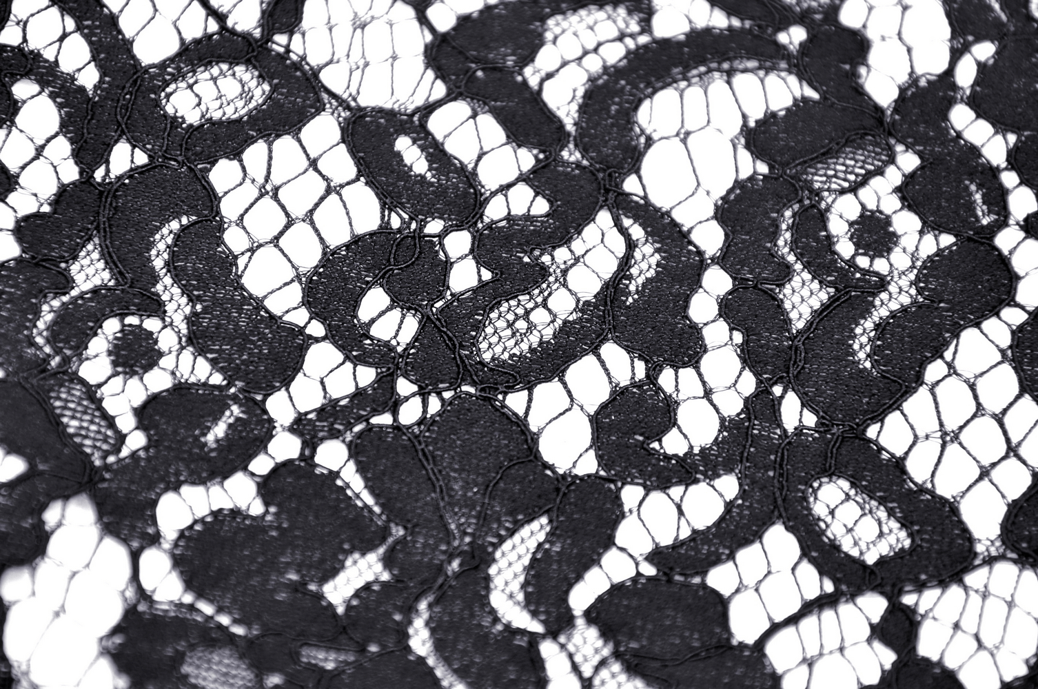 Close-up of intricate black lace fabric with floral patterns, showcasing delicate details and textures.