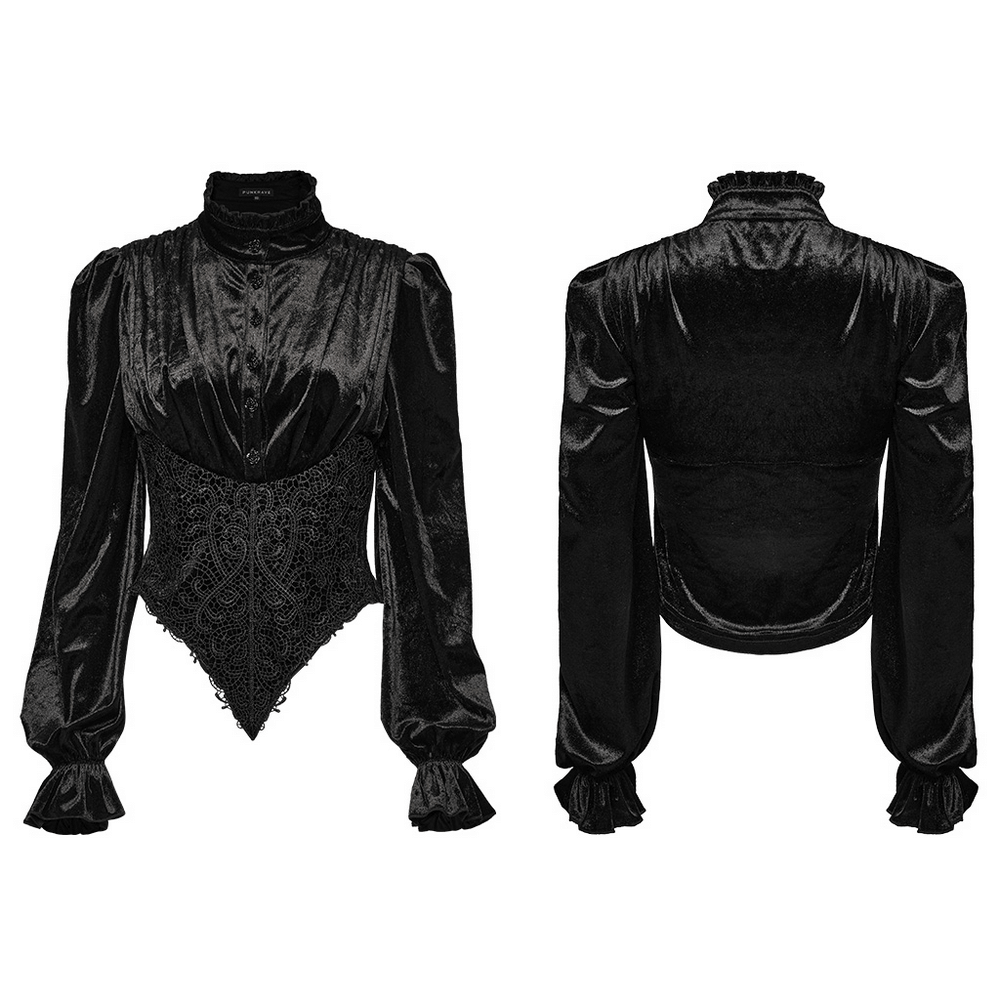 Victorian velvet gothic blouse with rose buttons, showcasing elegant ruffled sleeves and a figure-hugging silhouette.