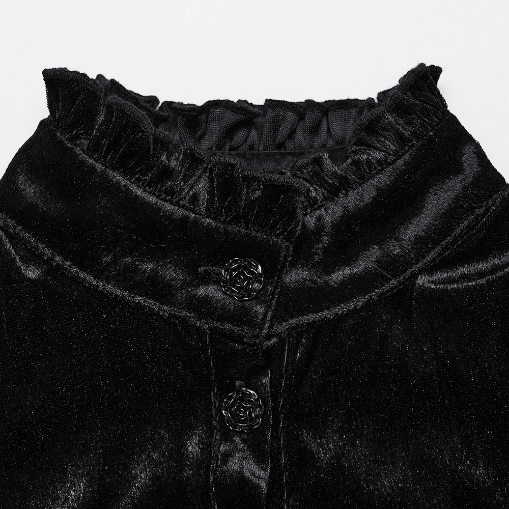 Close-up of the Victorian Velvet Gothic blouse showcasing the stand collar and rose buttons for a chic retro goth look.