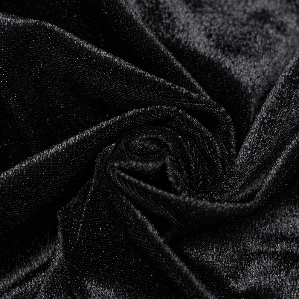 Close-up of luxurious black velvet fabric, perfect for a Victorian Gothic blouse with a soft and rich texture.