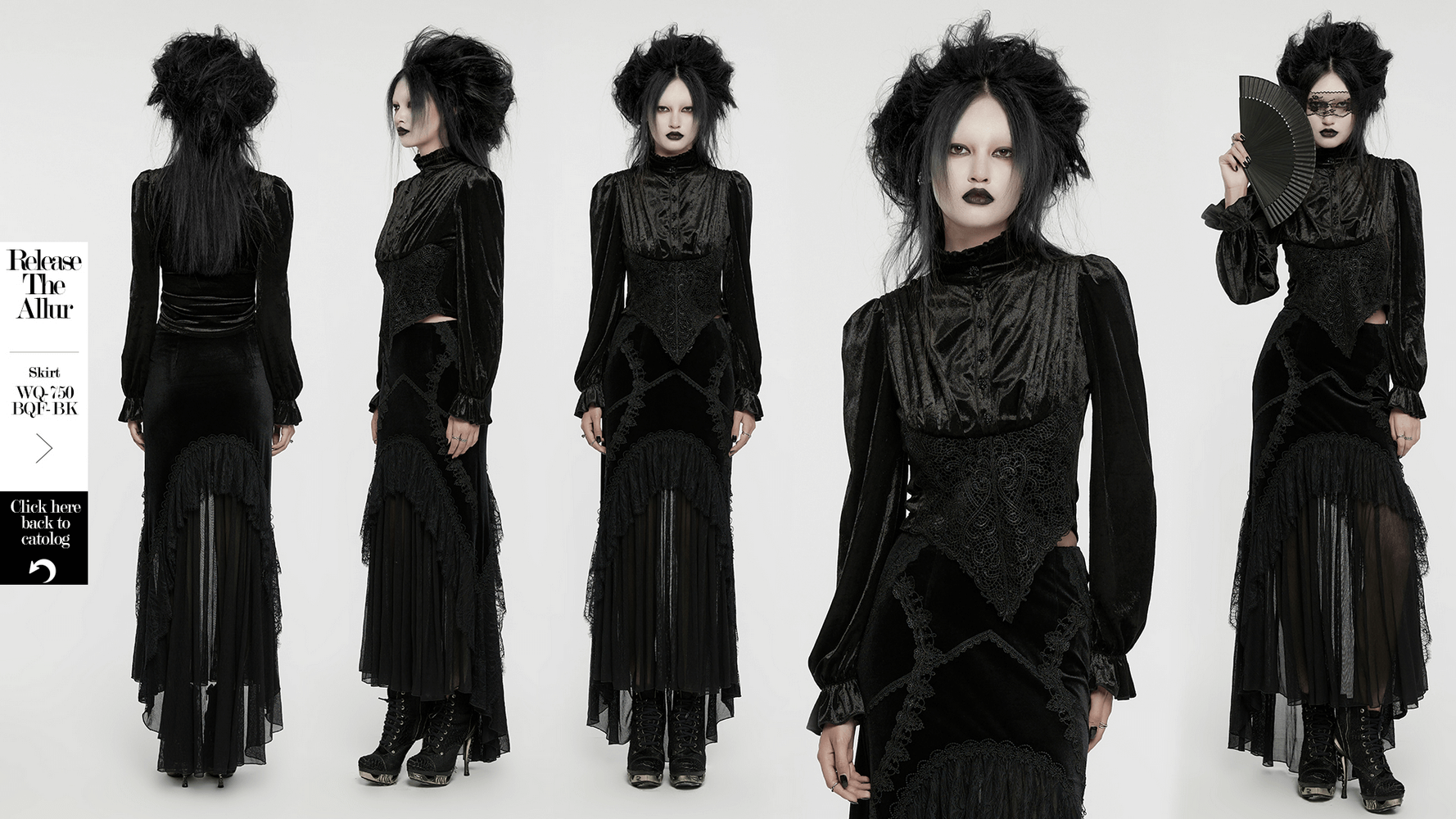 Gothic blouse featuring Victorian velvet design, ruffle-flared sleeves, and rose buttons for a retro elegant look.