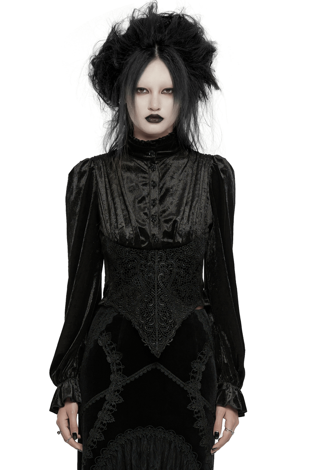 Victorian velvet Gothic blouse with intricate lace detailing and elegant stand collar, perfect for a retro Goth style.
