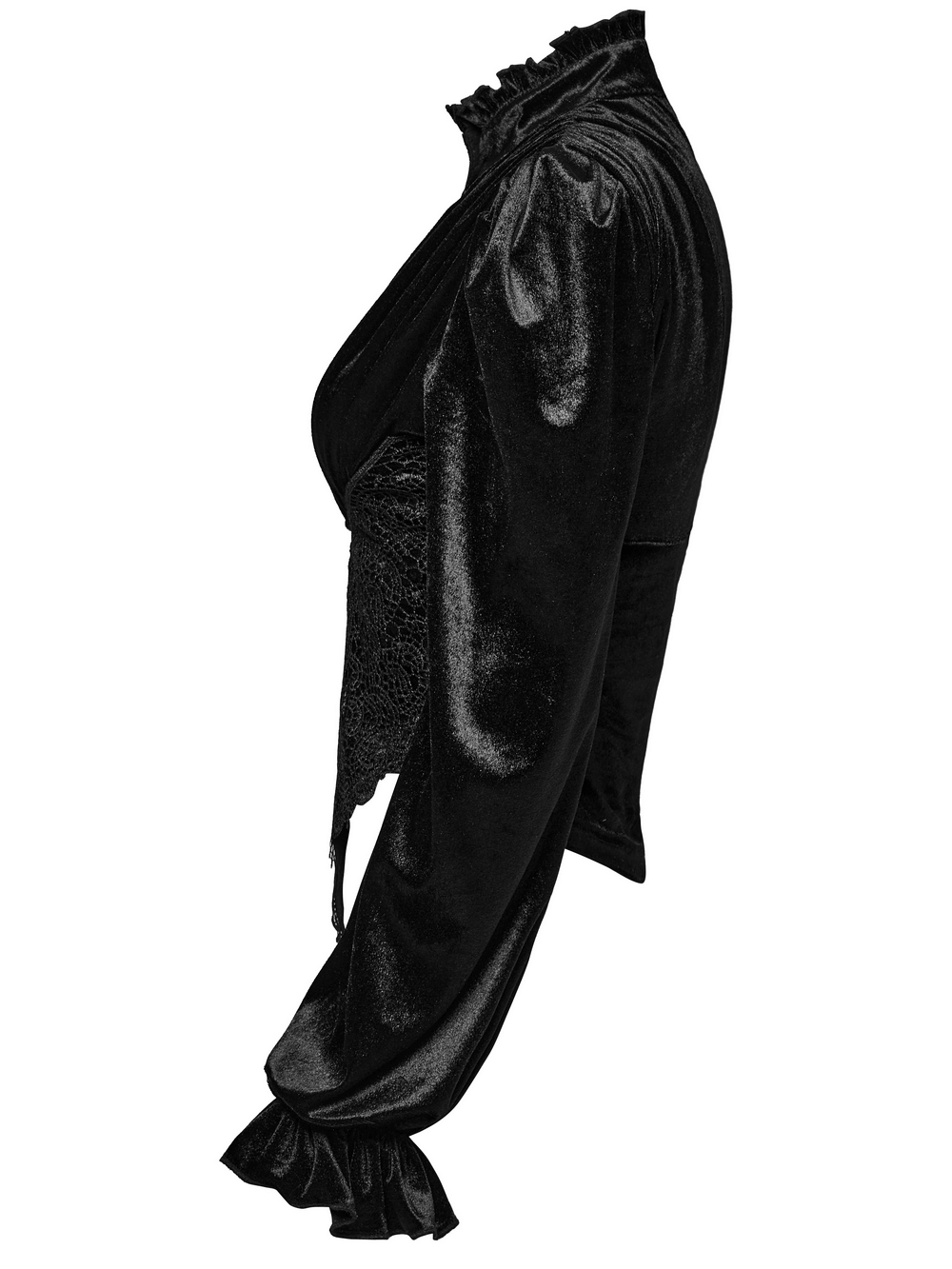 Victorian-inspired black velvet Gothic blouse with ruffle-flared sleeves and stand collar, showcasing a slim fit.