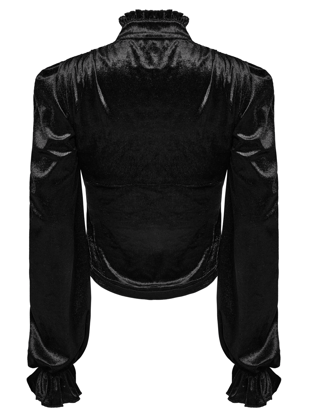 Back view of a Victorian velvet gothic blouse with ruffle sleeves and stand collar, perfect for retro goth style.