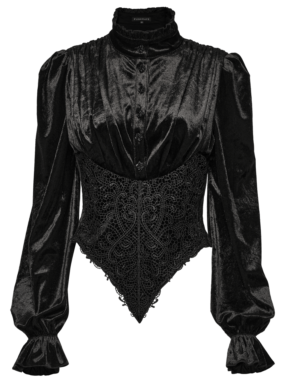 Victorian velvet Gothic blouse with intricate lace detailing and ruffle sleeves, perfect for retro Goth style.