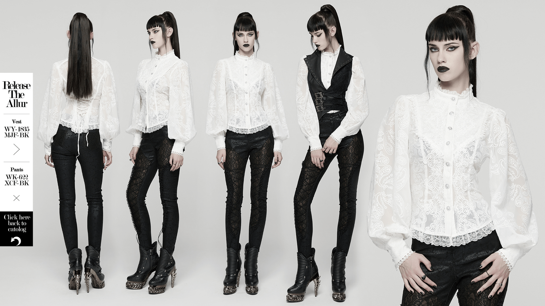Victorian White Lace Gothic Chiffon Long Sleeve Blouse on model showcasing elegant puff sleeves and lace details.