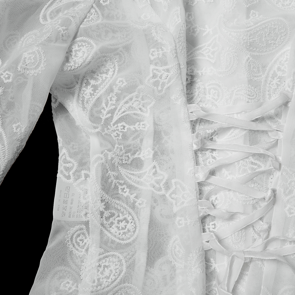 Victorian White Lace Gothic Chiffon Long Sleeve Blouse showing intricate lace detailing and adjustable back drawstring.