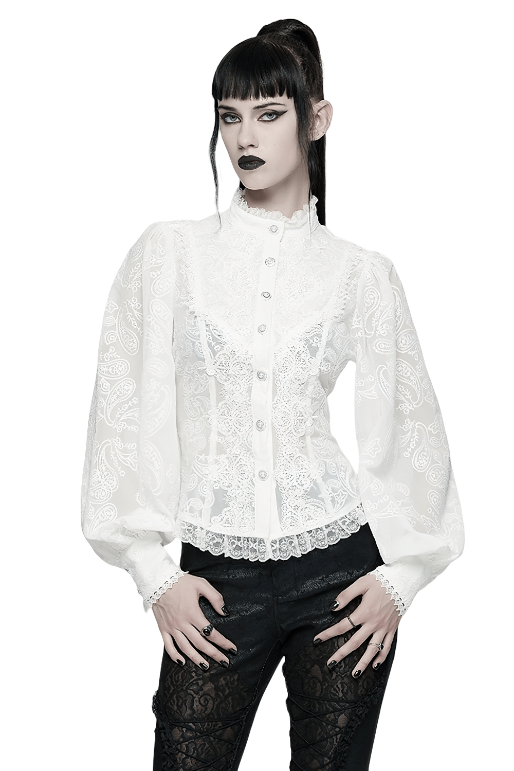 Victorian White Lace Gothic Chiffon Long Sleeve Blouse worn by a model with dramatic makeup and stylish black pants.