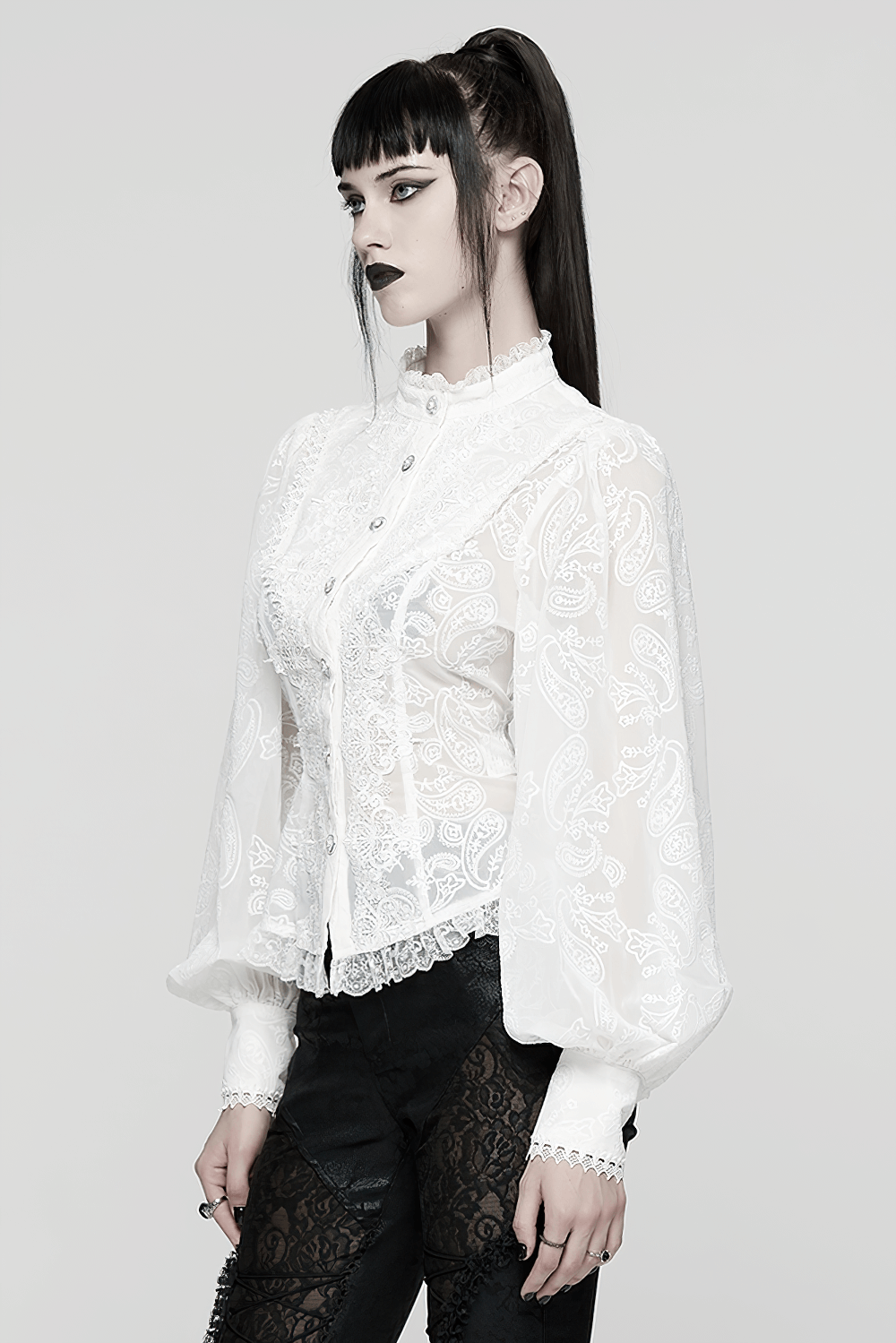 Victorian White Lace Gothic Chiffon Long Sleeve Blouse featuring lace details and puff sleeves on a model.