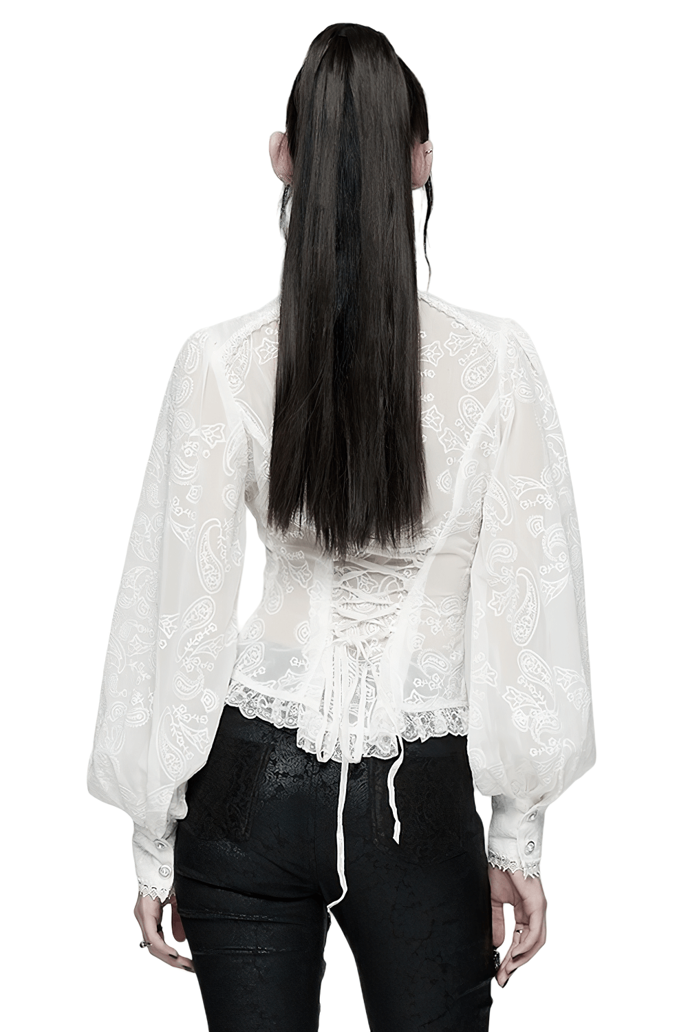 Victorian White Lace Gothic Chiffon Long Sleeve Blouse back view with lace detailing and puffed sleeves.