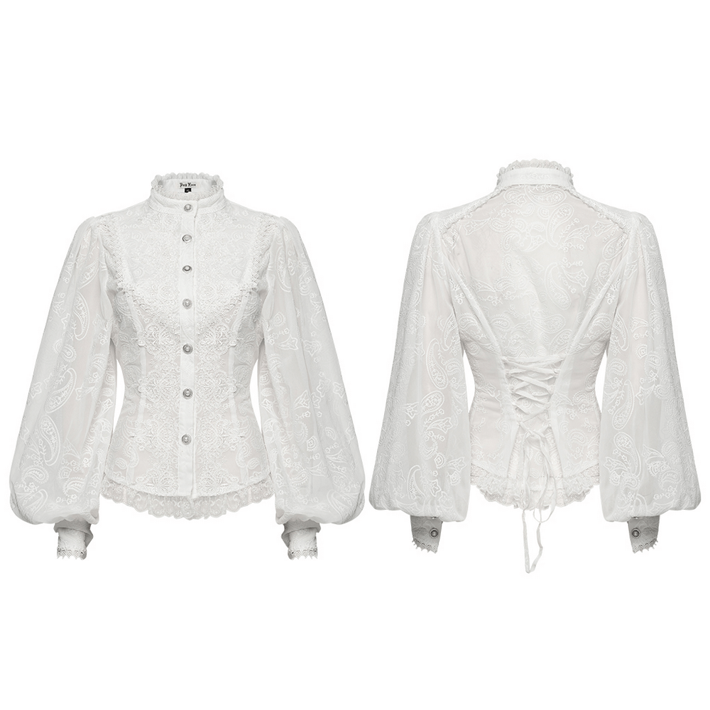Victorian White Lace Gothic Chiffon Long Sleeve Blouse with puff sleeves and lace detailing.