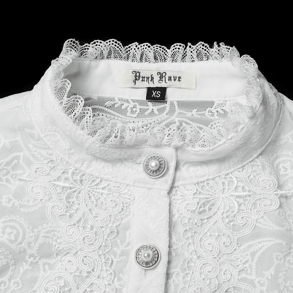 Victorian White Lace Gothic Chiffon Long Sleeve Blouse neckline with lace details and button closures.