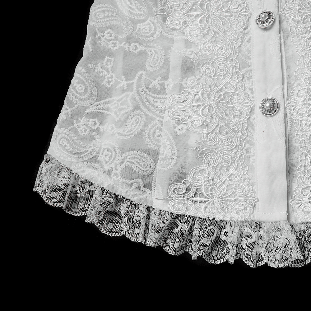 Victorian White Lace Gothic Chiffon Long Sleeve Blouse detail with elegant lace and button accents.