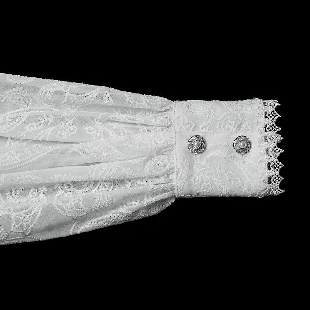 Victorian White Lace Gothic Chiffon Long Sleeve Blouse sleeve detail with buttons and lace trim