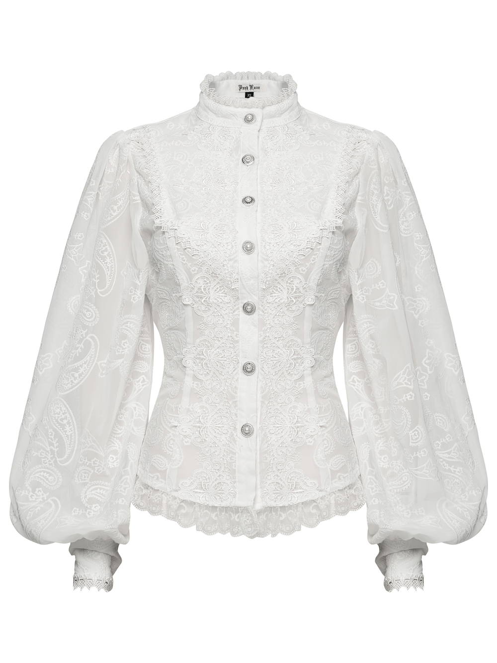 Victorian White Lace Gothic Chiffon Long Sleeve Blouse with embroidered details and puffed sleeves.