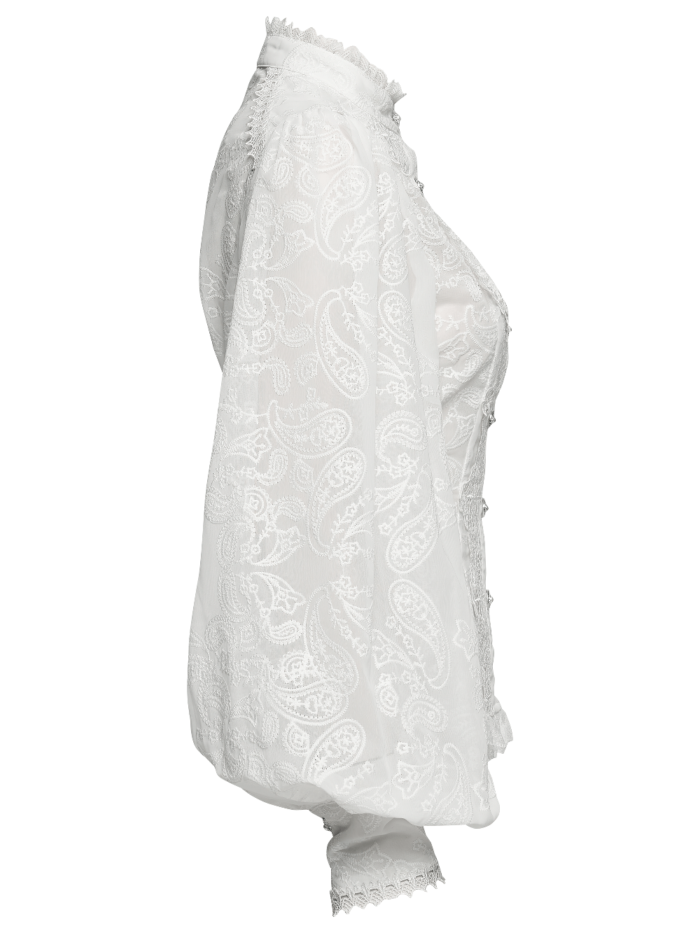 Victorian White Lace Gothic Chiffon Long Sleeve Blouse displayed in side view highlighting the lace and puff sleeve details.