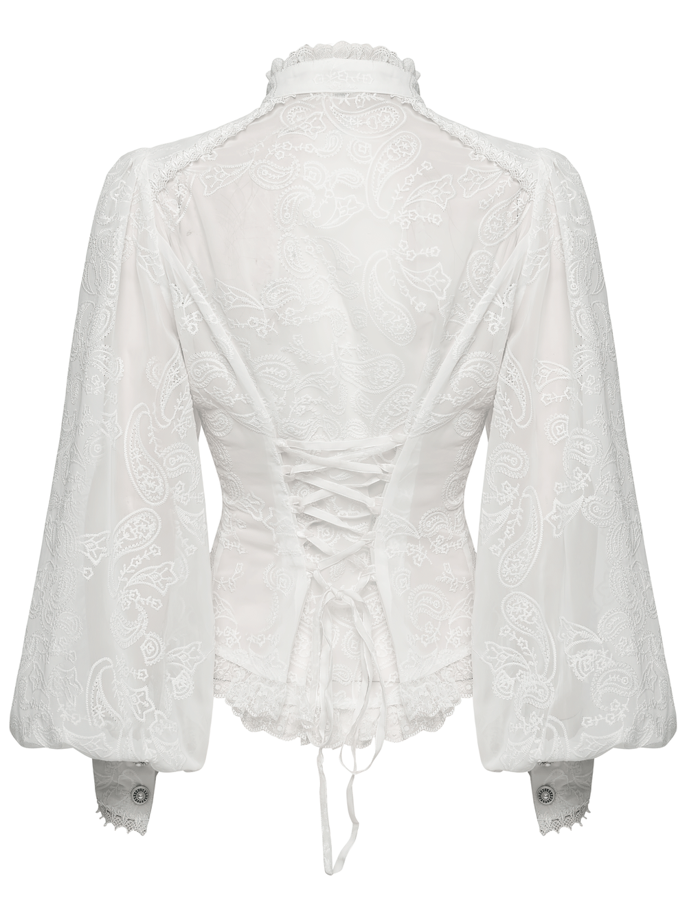 Victorian White Lace Gothic Chiffon Long Sleeve Blouse back view showcasing lace and puff sleeves detail.