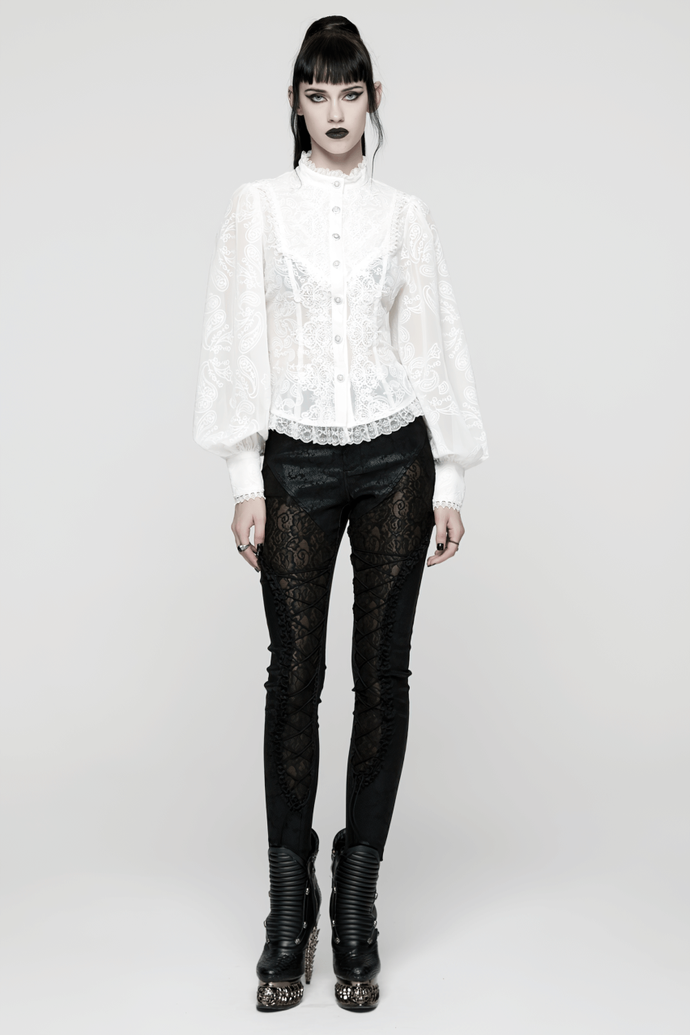 Victorian White Lace Gothic Chiffon Long Sleeve Blouse paired with black lace pants for a dramatic goth look.