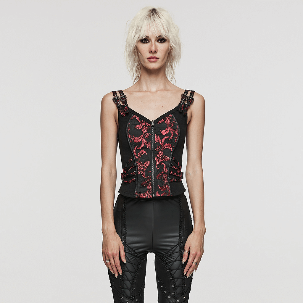 Victorian women's steampunk waistcoat with red embroidery and adjustable straps for a perfect fit.