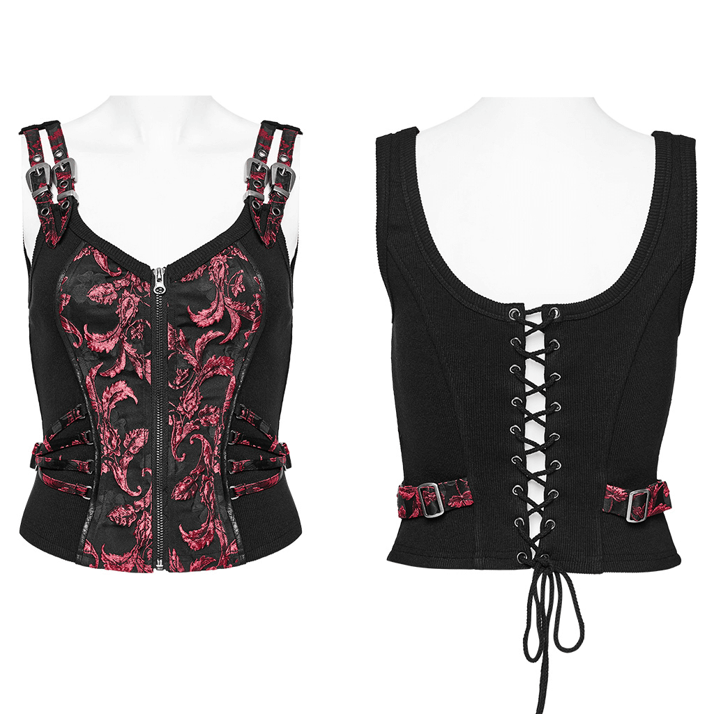 Victorian women's steampunk waistcoat featuring red embroidery and adjustable straps, front zipper closure.