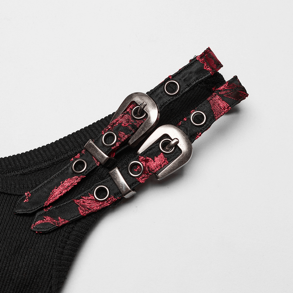 Close-up of adjustable straps on Victorian Steampunk waistcoat with red embroidery accents.