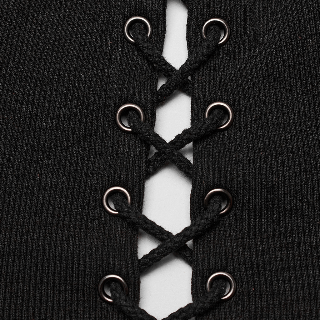 Close-up of intricate lace-up design on a black steampunk waistcoat, showcasing stylish metal grommets.