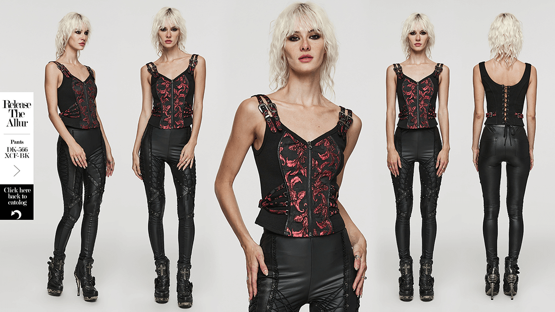 Victorian-style women's steampunk waistcoat with red embroidery, showcasing front and back views.