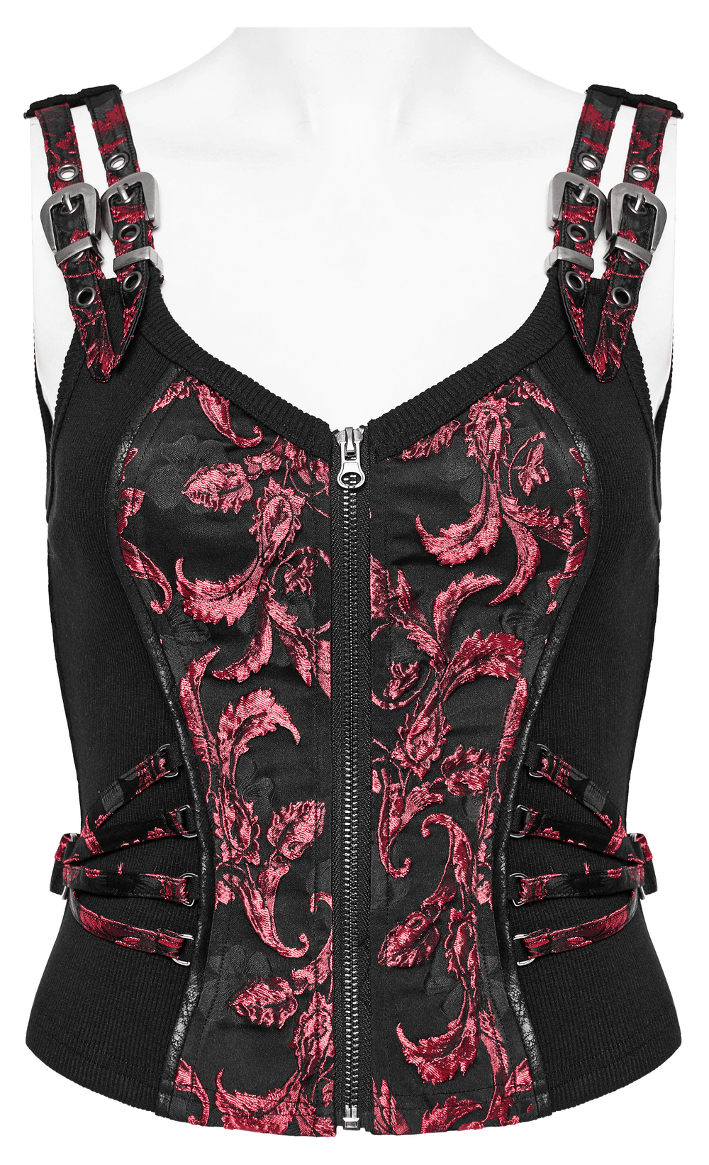 Victorian women's steampunk waistcoat with red embroidery and adjustable straps, perfect for retro-futurism style.