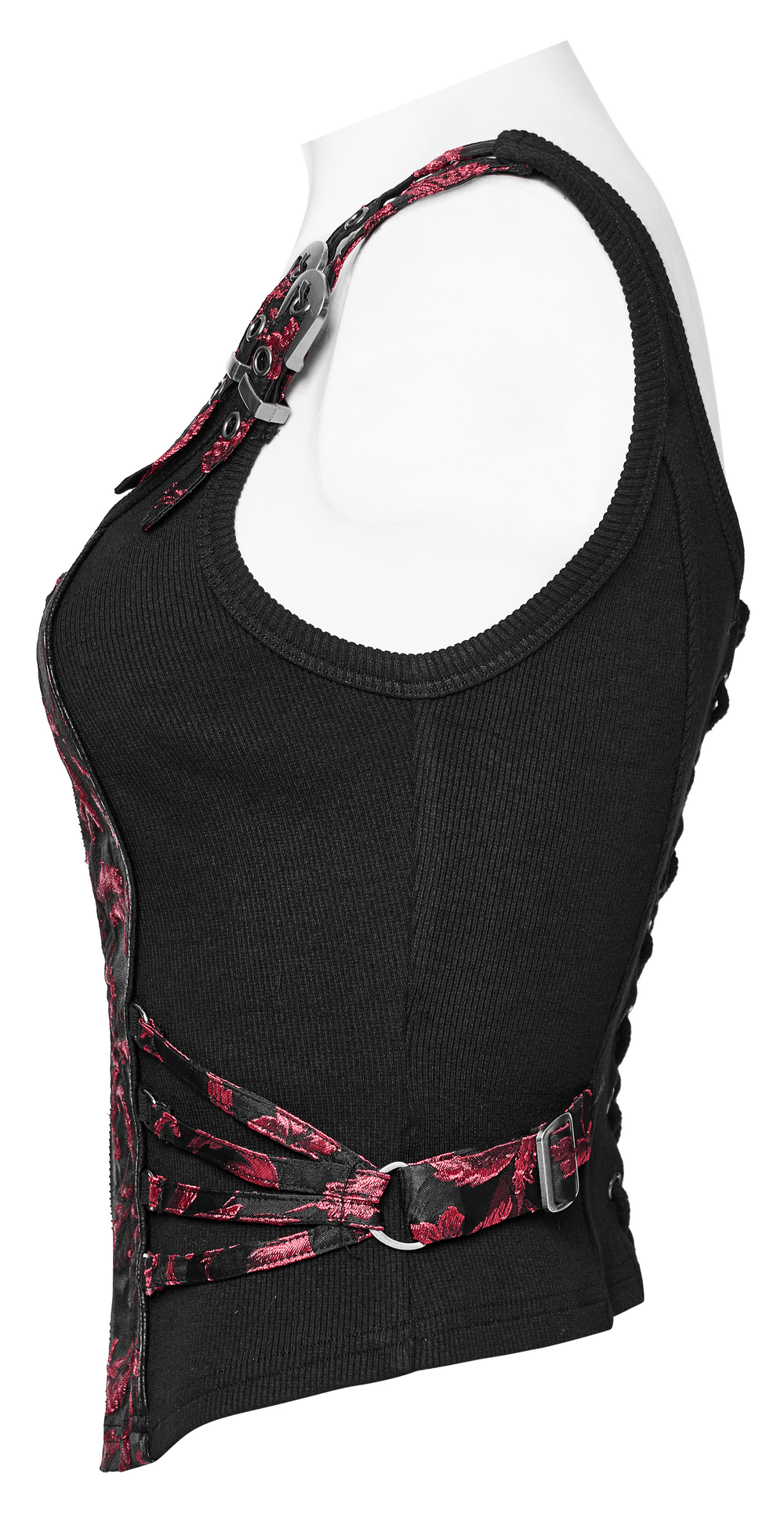Victorian Women's Steampunk Waistcoat with red embroidery and adjustable straps, showcasing retro-futuristic style.