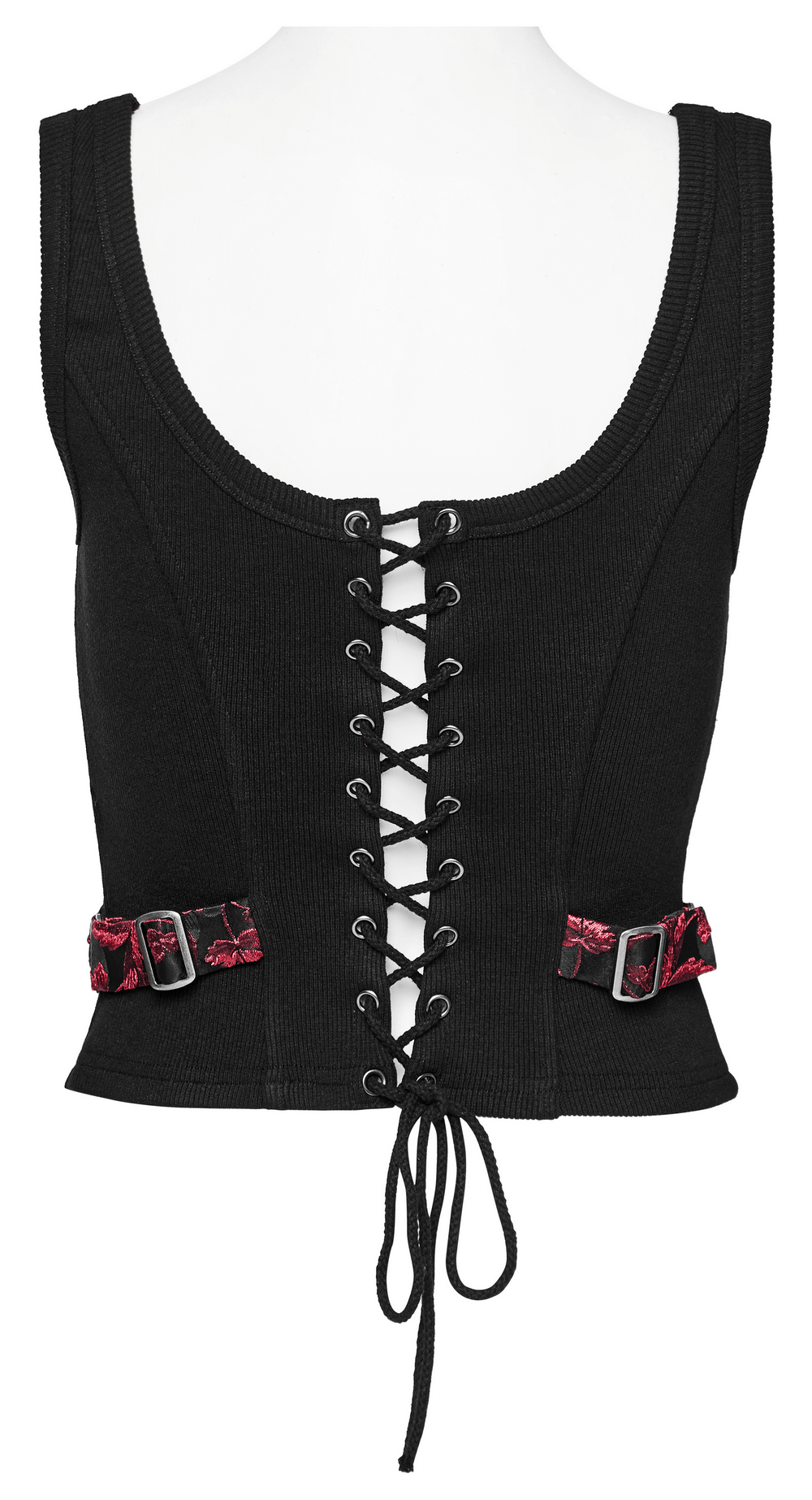 Victorian women's steampunk jacquard waistcoat featuring lace-up back and decorative red details.