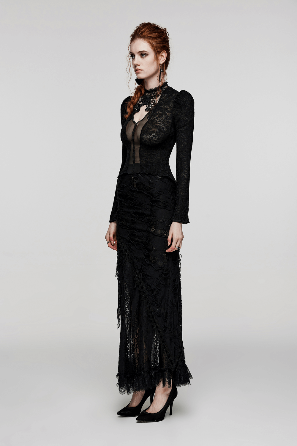 Elegant Victorian Women's Lace Gothic Top with mesh detail and rose lace collar, showcasing gothic fashion style.