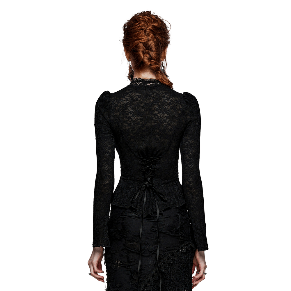 Back view of a Victorian Women's Lace Gothic Top with mesh detail and rose lace collar, featuring elegant black lace.