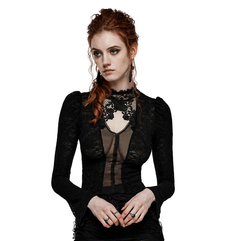 Victorian Gothic top with lace and mesh detail, featuring a rose lace collar and an elegant silhouette.