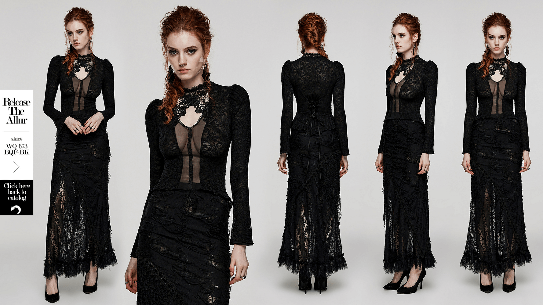 Victorian women's lace gothic top with mesh detail and elegant rose lace collar, perfect for dark fashion lovers.