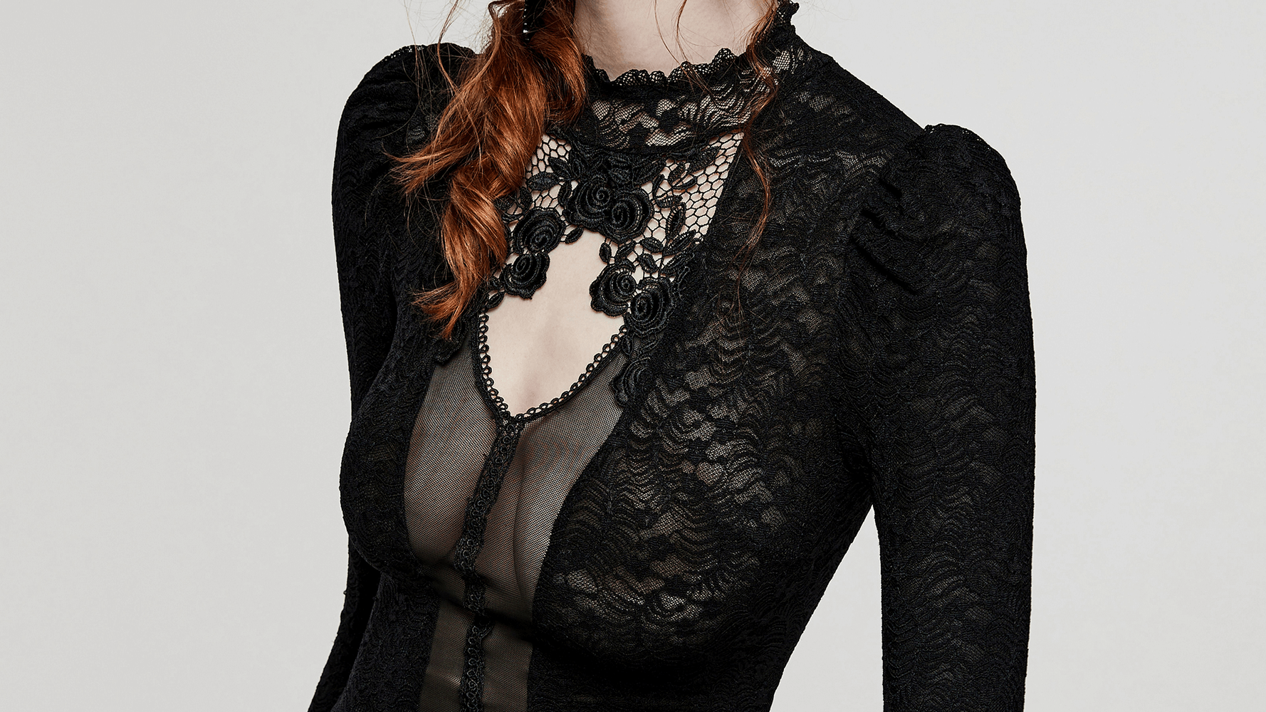 Elegant Victorian Women's Lace Gothic Top with mesh detail and rose lace collar for a sultry look.