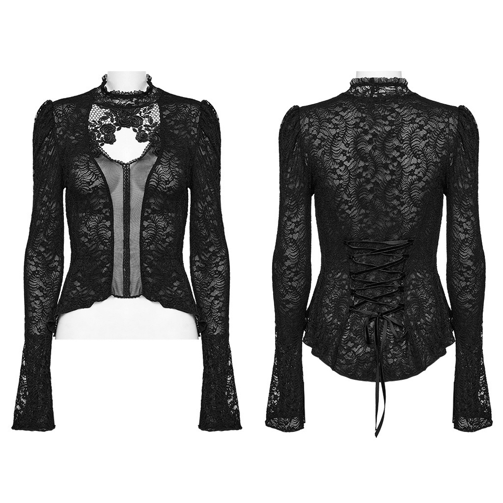 Victorian women's lace Gothic top with mesh detail and rose lace collar, showcasing allure and elegance.