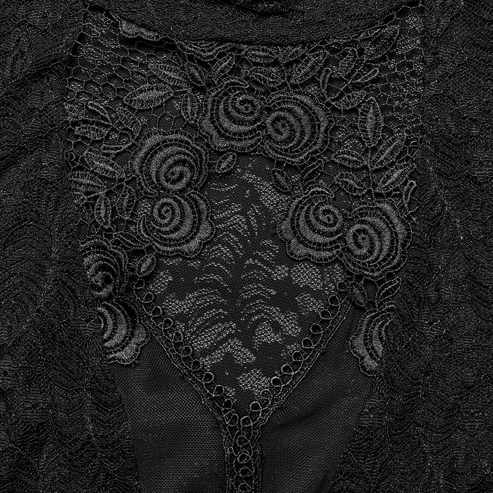 Elegant black lace with rose details and mesh fabric, highlighting the Victorian Gothic style and sultry design.