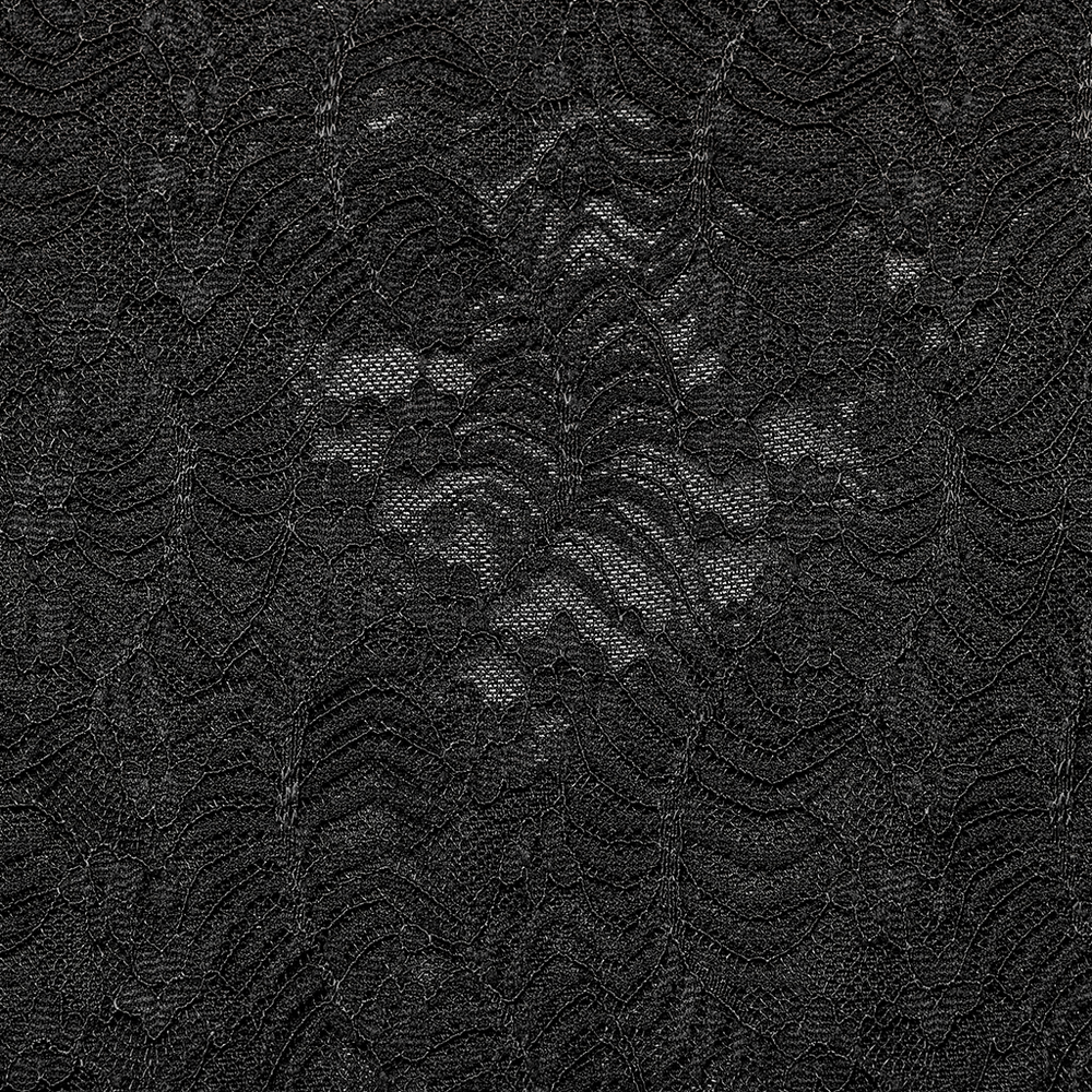 Close-up of intricate black lace fabric, featuring elegant patterns and sheer mesh details, perfect for Gothic fashion.