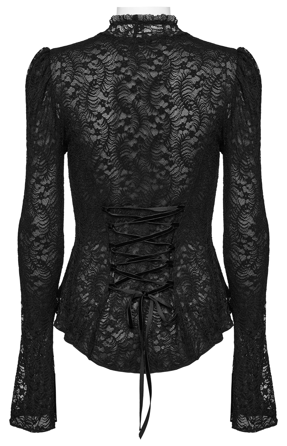 Victorian Women's Gothic Top with elegant lace, featuring rose collar and cinched lace-up back detail.