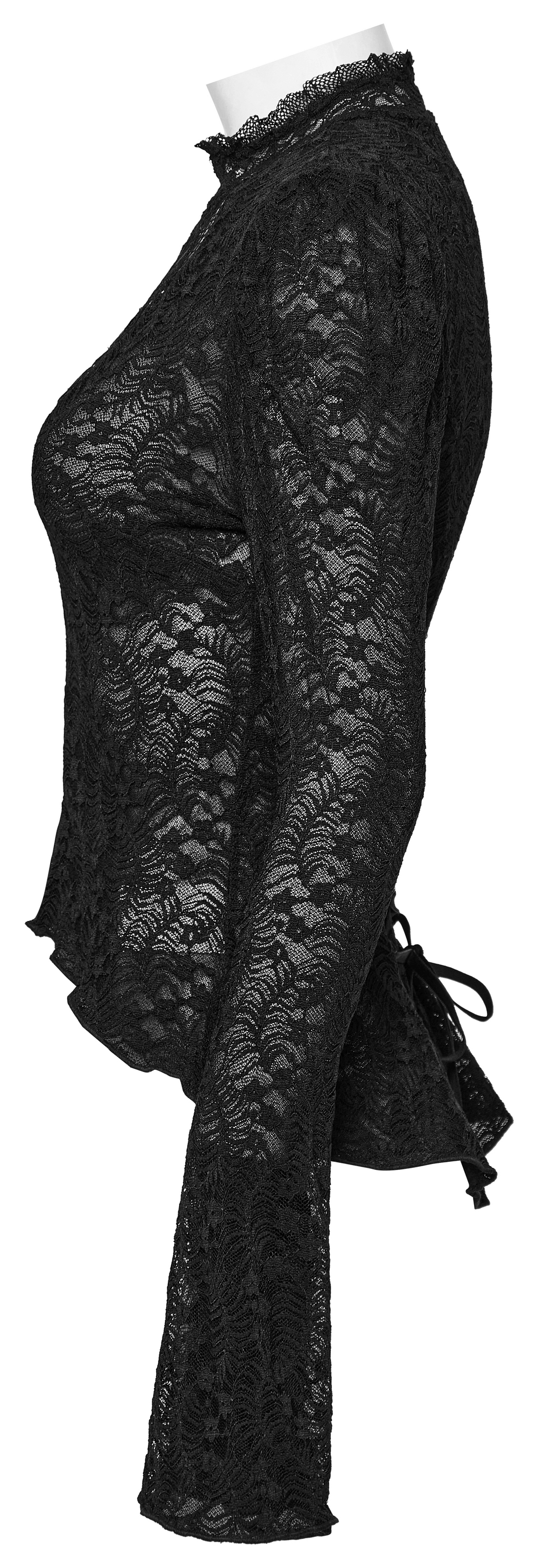 Victorian women's black lace gothic top with rose lace collar and mesh detail, showcasing elegant dark fashion.