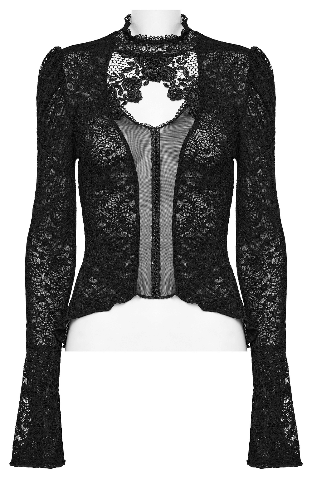 Victorian Women's Gothic Lace Top with Rose Collar and Mesh Detail for an elegant dark fashion style.