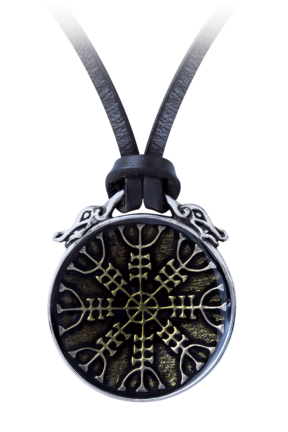 Viking Aegishjalmur rune pendant with dragon heads, symbolizing protection, on leather cord.