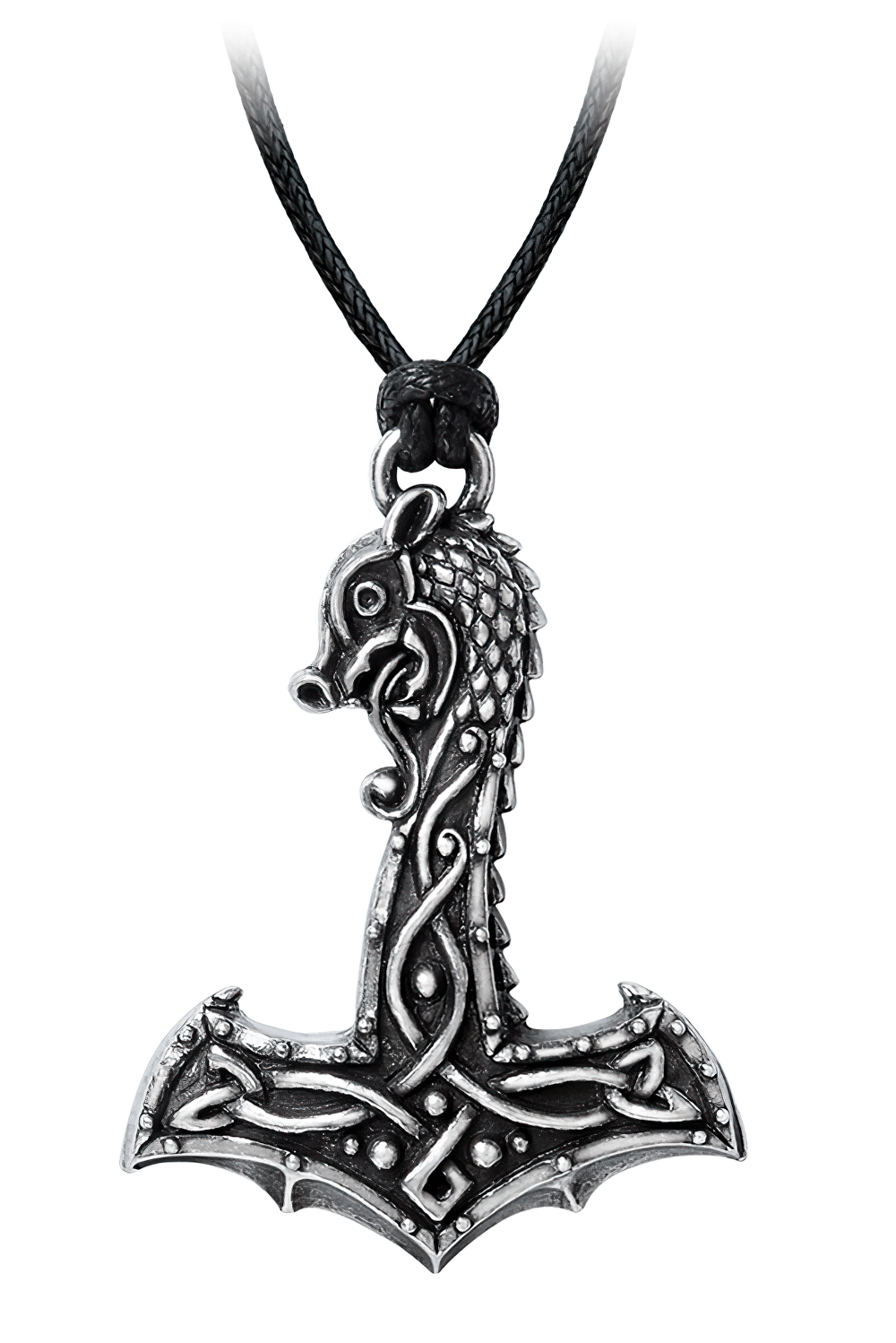 Viking Dragon Hammer Pendant in silver with Norse knotwork and dragon design, symbolizing strength and heritage.