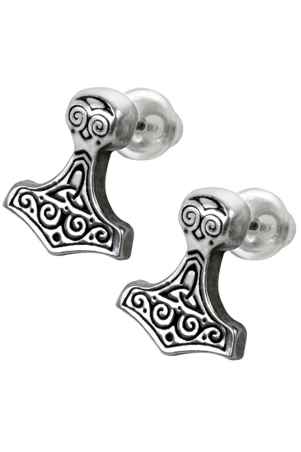 Viking-inspired Thor's hammer ear studs with Celtic designs in pewter, perfect for Norse mythology fans.