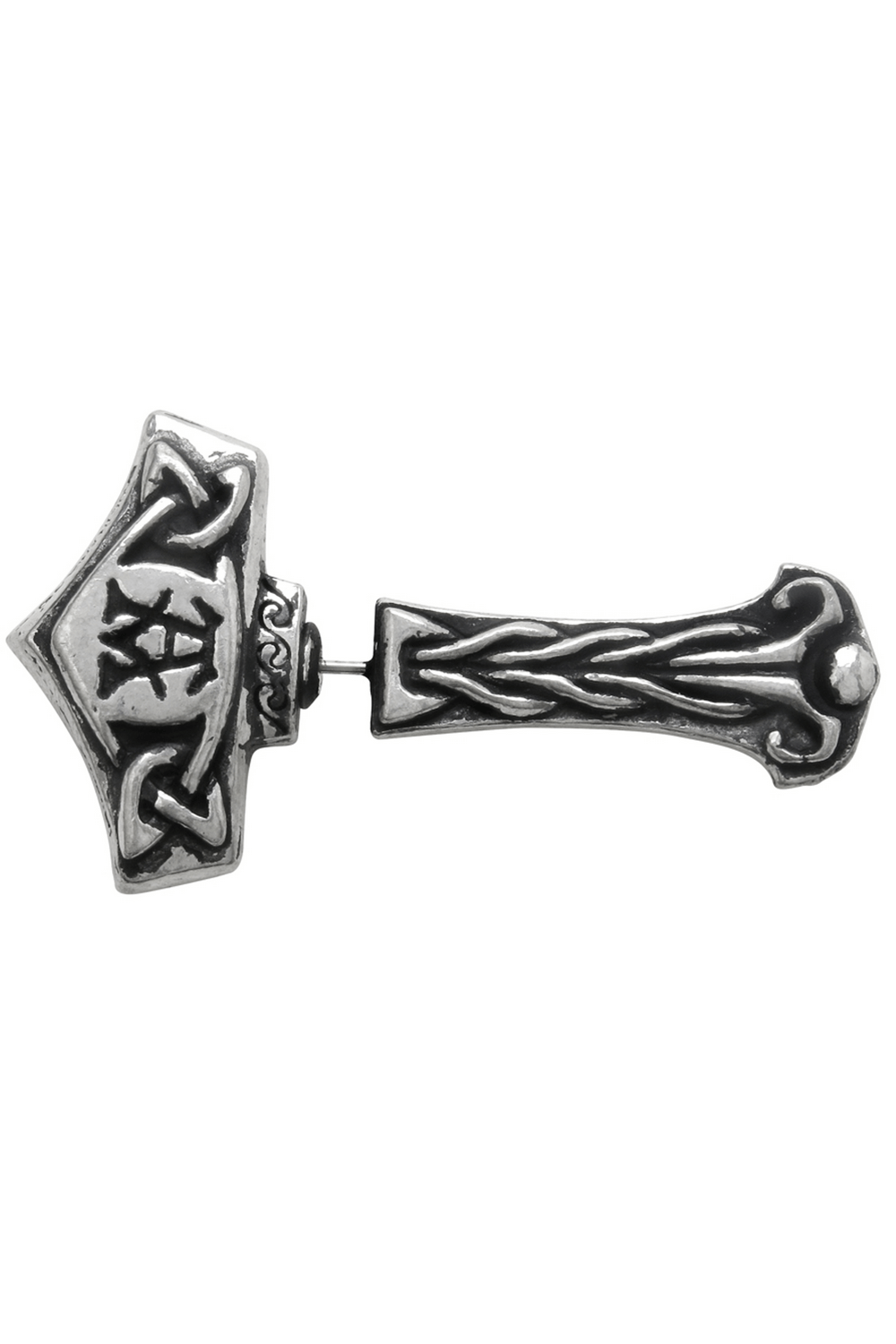 Viking-Inspired Thunderstick Earring with Intricate Designs featuring Celtic knots and rustic finish.