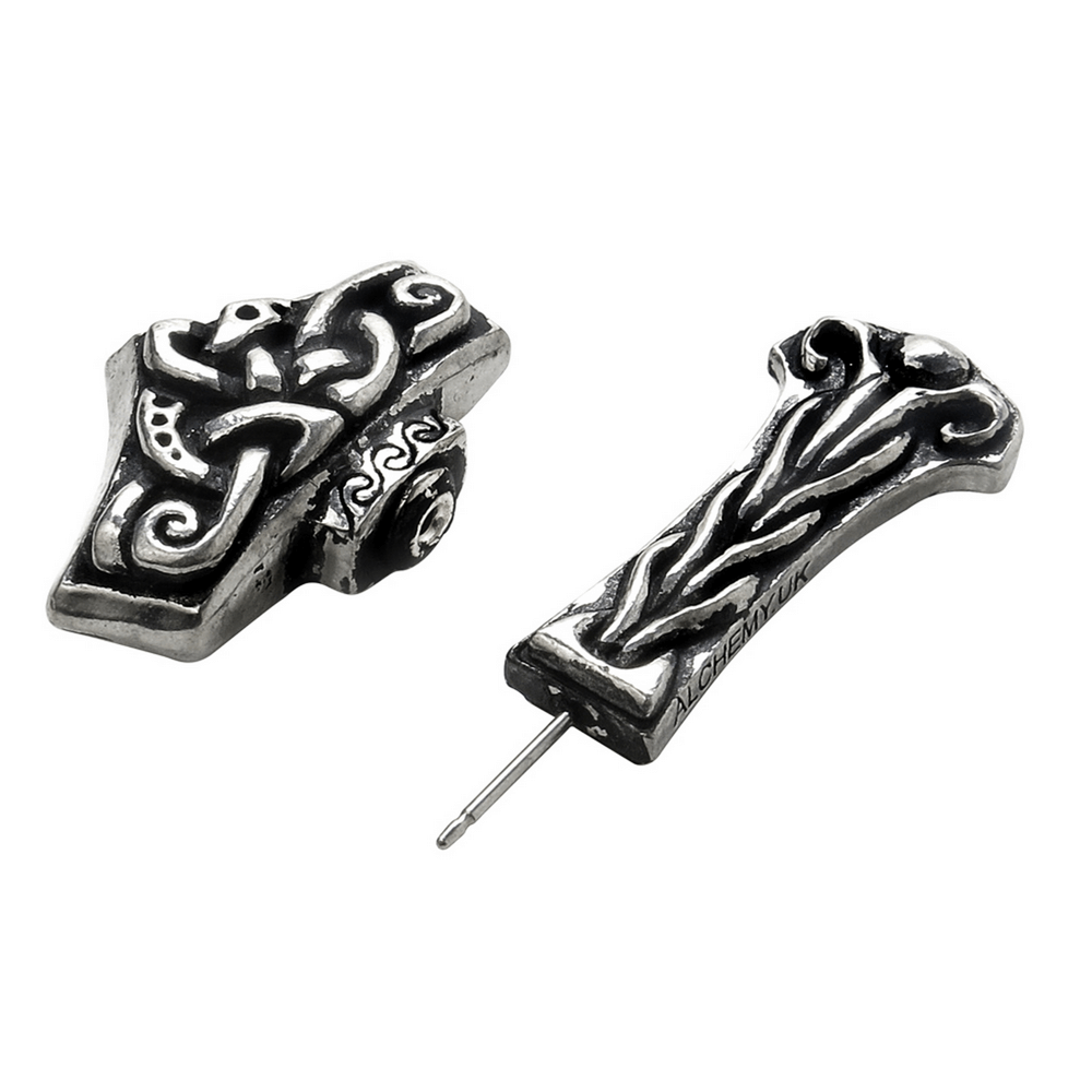 Viking-Inspired Thunderstick Earring with Intricate Designs featuring Celtic knots and rustic finish.