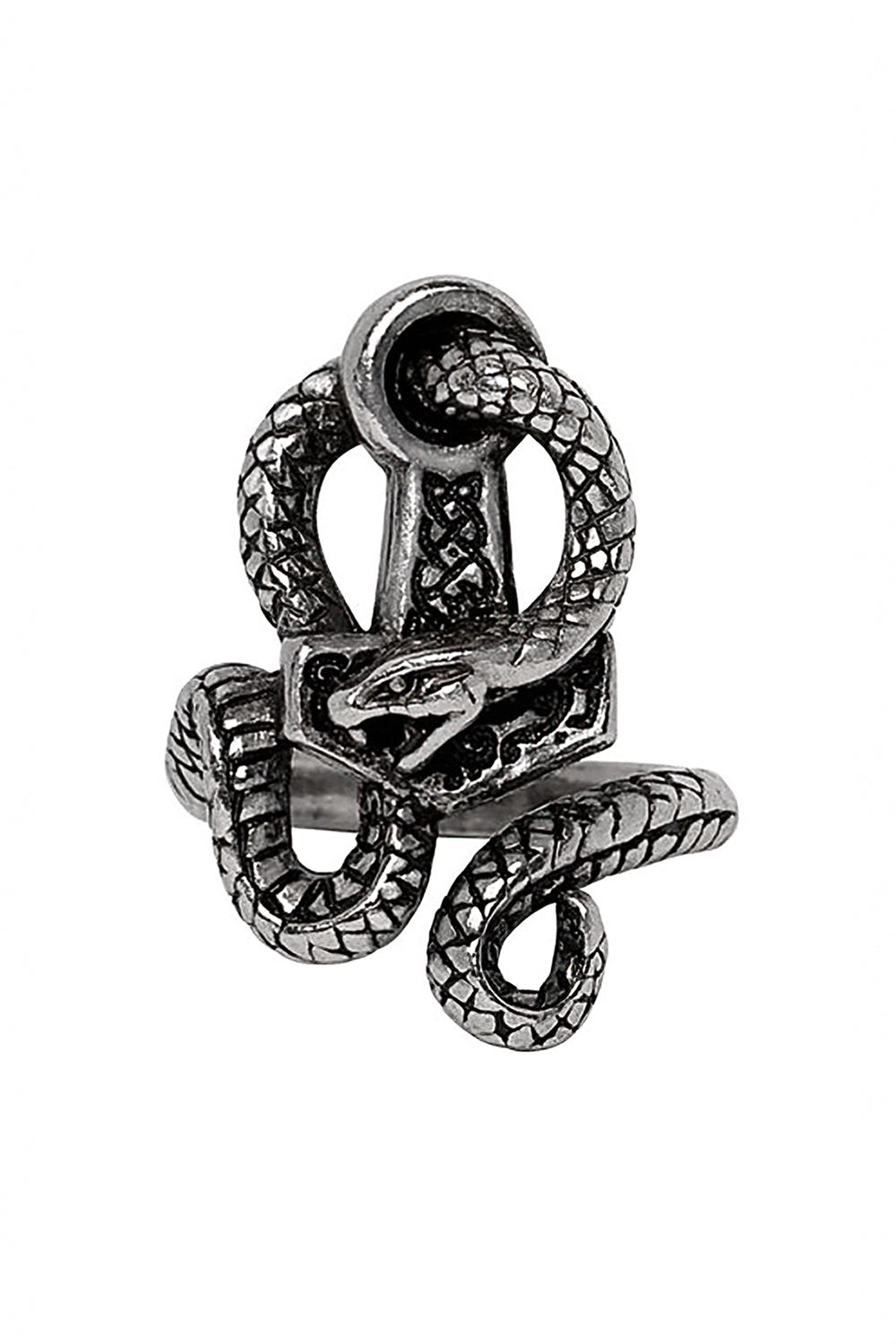 Viking Serpent and Hammer Ring in Antiqued Pewter with intricate snake and hammer detailing.
