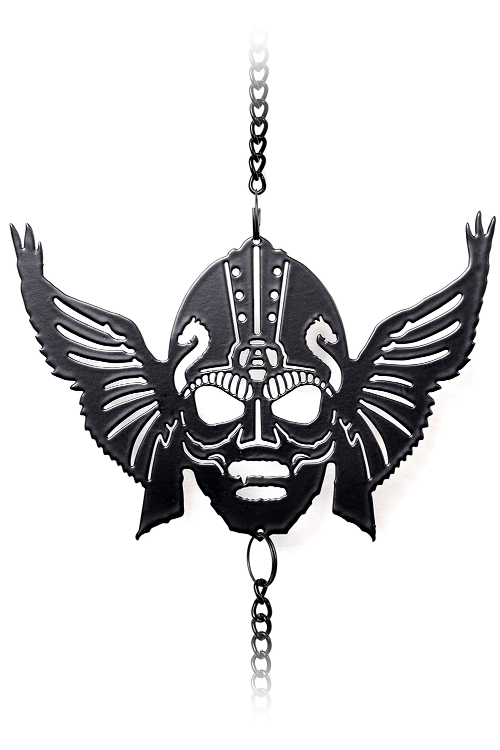 Viking skull decoration with wings hanging from a chain, embodying Norse mythology and cultural strength.