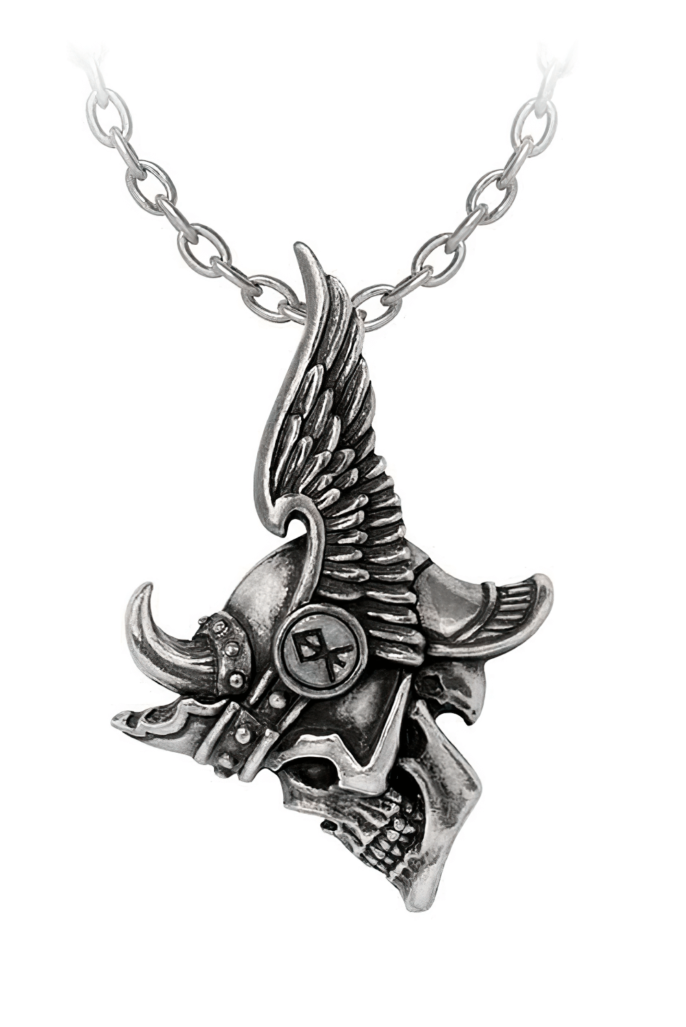 Viking skull pendant with horned helmet and wings, a powerful symbol of strength and bravery, perfect for warriors.